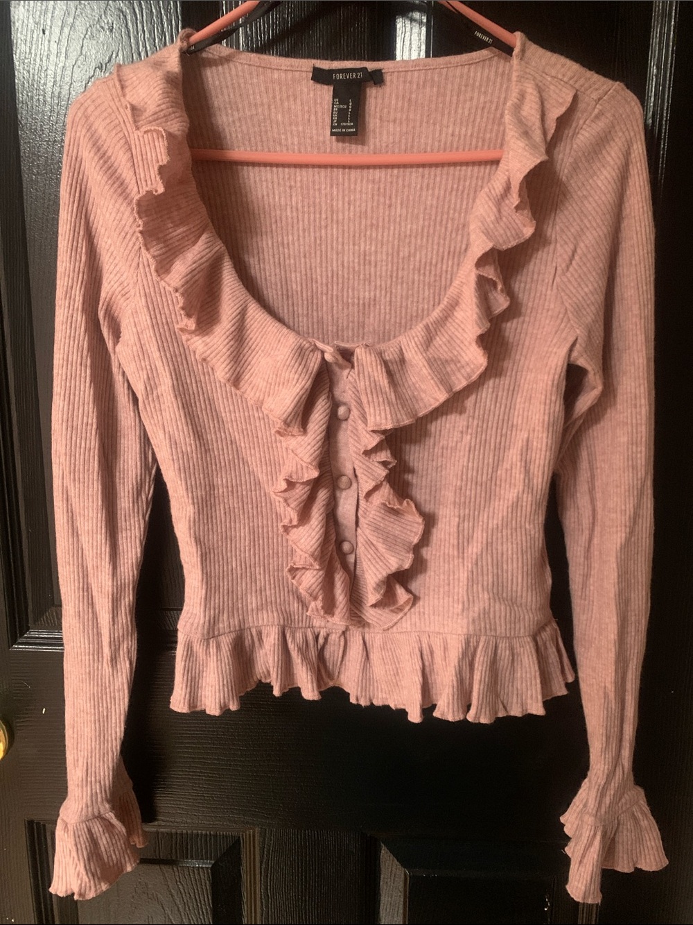 Forever 21 Pink Ruffle Ribbed Long Sleeve Top